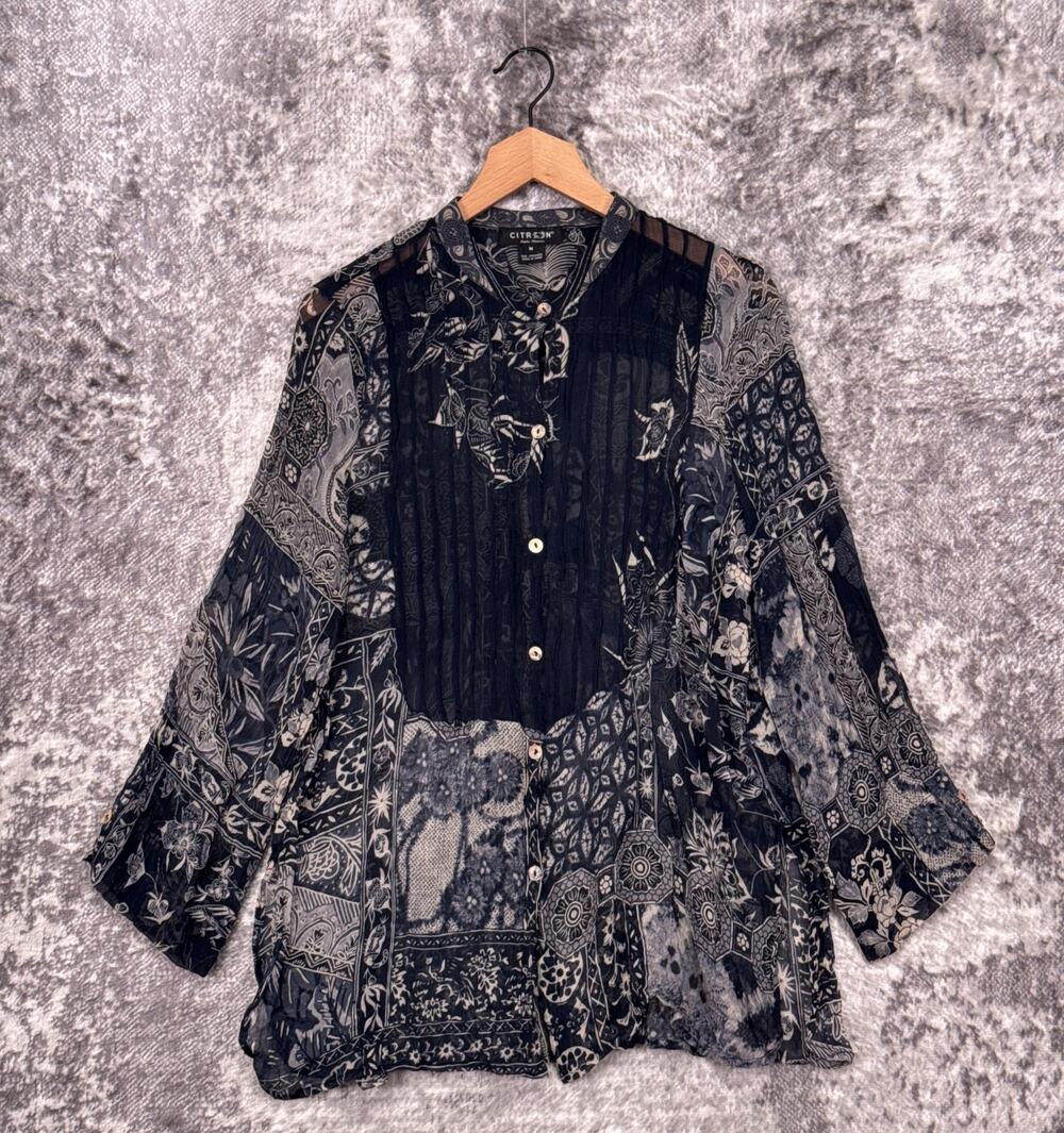 Citron Santa Monica Tunic Top Medium Womens Silk Chiffon Button Down Long Sleeve